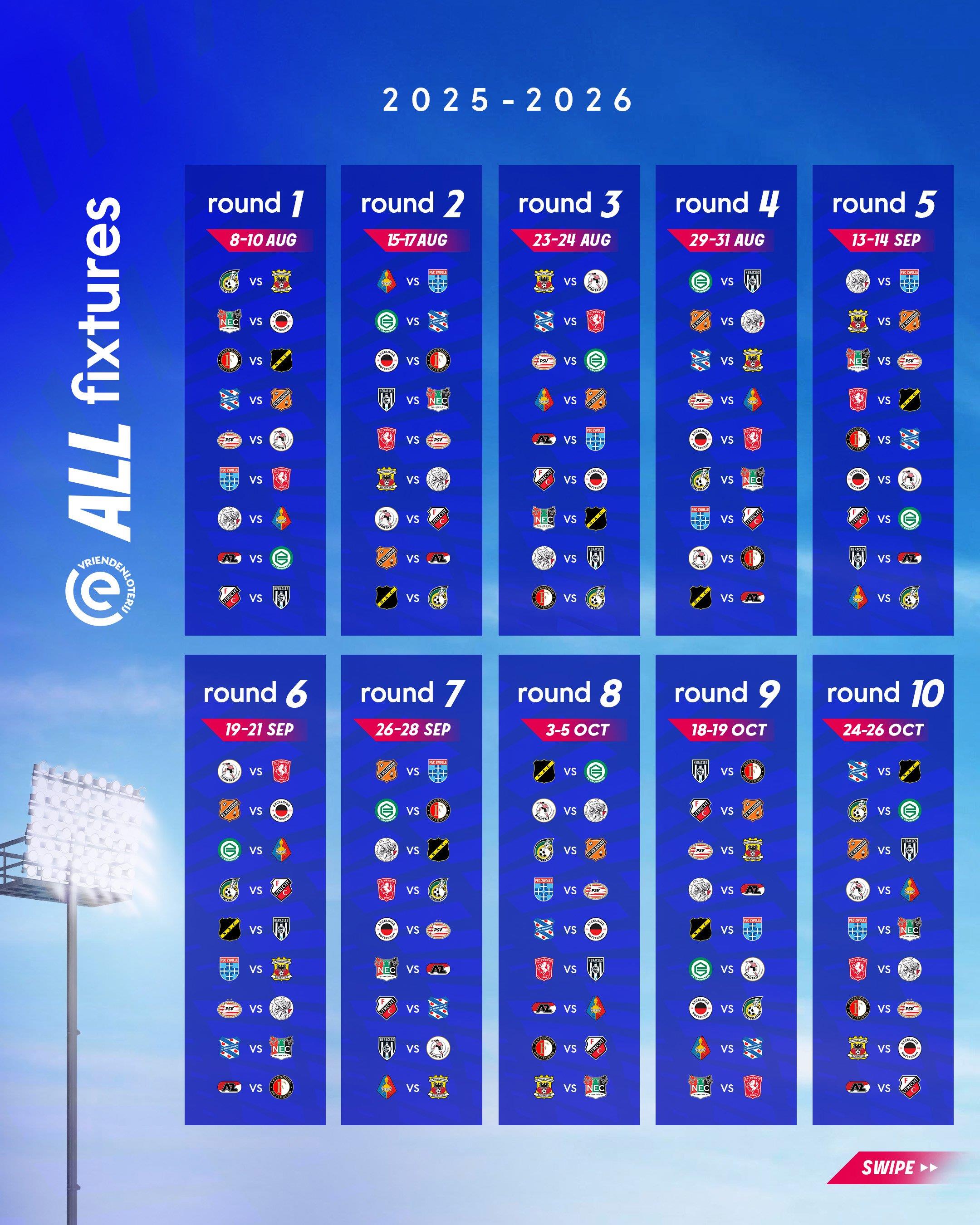 Lịch thi đấu Eredivisie 25/26 được công bố, Ajax sẽ đối đầu với đội mới thăng hạng ở vòng đầu tiên Lịch thi đấu Eredivisie 25/26 được công bố, Ajax sẽ đối đầu với đội mới thăng hạng ở vòng đầu tiên