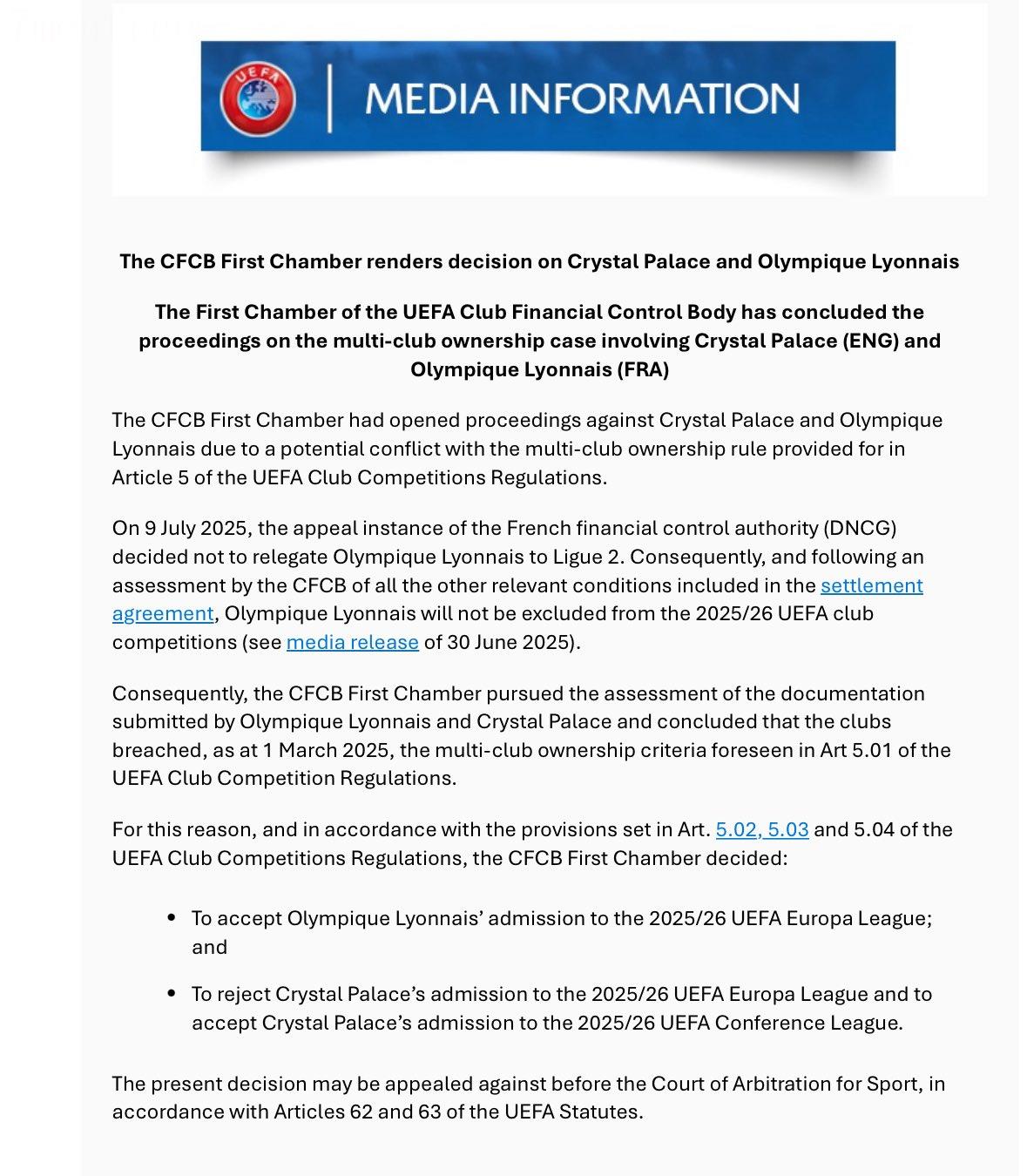 Quan chức UEFA: Crystal Palace đã bị tước quyền tham dự Europa League mùa giải tới và sẽ tham dự UEFA League Quan chức UEFA: Crystal Palace đã bị tước quyền tham dự Europa League mùa giải tới và sẽ tham dự UEFA League